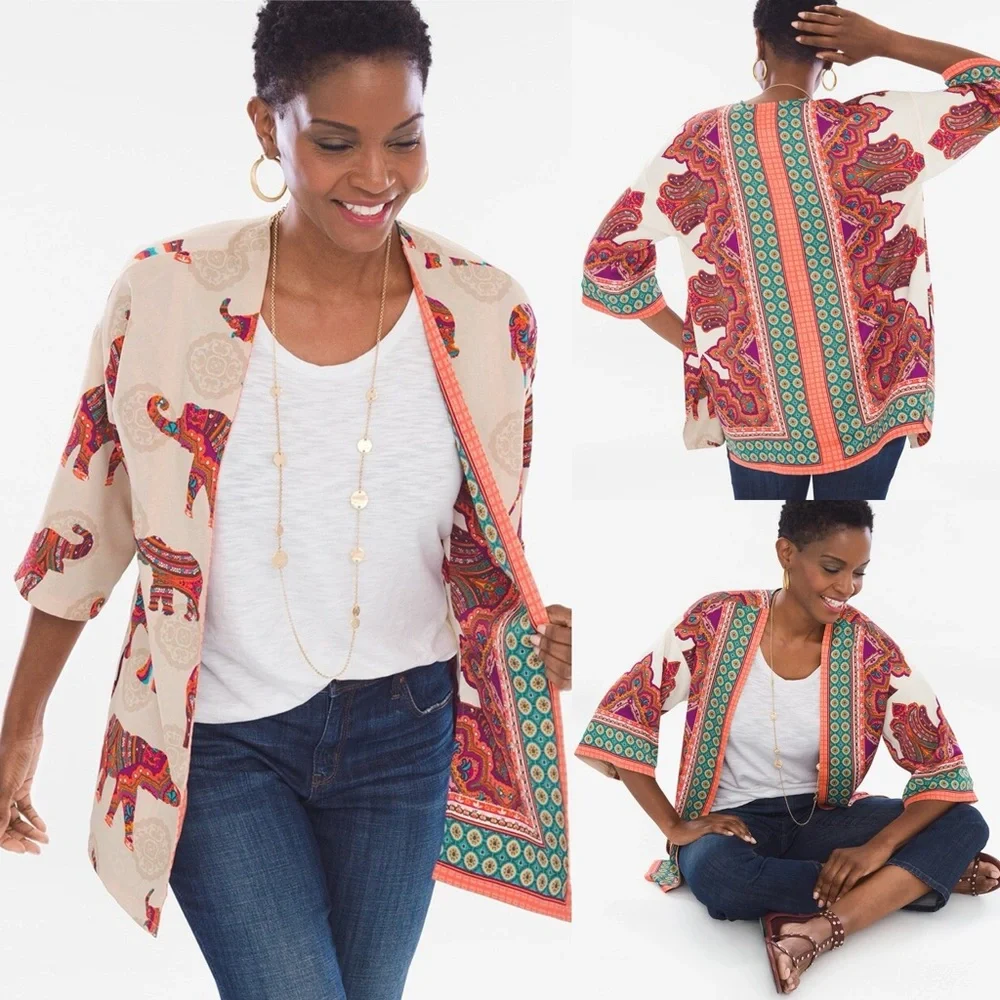 Chico’s Reversible Jacket Open-Front Medallion Elephant Print Kimono Size S/M? - Picture 3 of 16